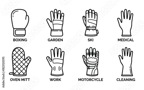 Different types of gloves vector line icons, hand protection, boxing, garden, ski, medical, work