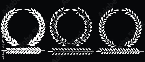 Set of wreath and branches with leaves. Laurel wreath icon vector. Laurels wreaths, swirls, twigs and flower ornaments, certified, badge, trophy, award, winner round emblem, logo. Vector illustration.