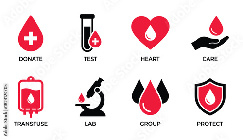 Donation test heart care transfuse lab group protect. Medical health care blood icons set.