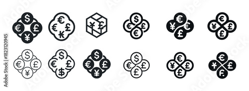 Currency symbol icons: dollar, euro, yen, pound, won in creative designs