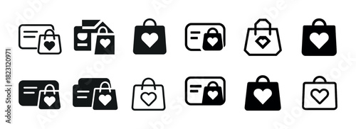 Shopping bag and card icons with heart design in various styles