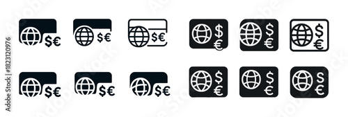 Currency symbols with globe icons for financial transactions