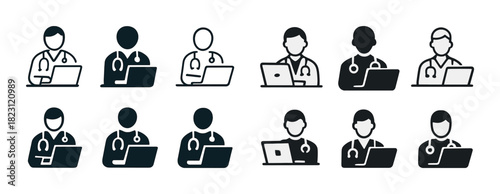 Icon set: diverse medical professionals with laptops in various styles