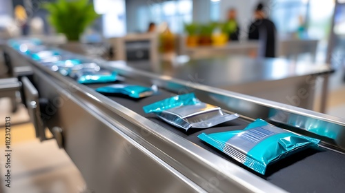 Wallpaper Mural Modern conveyor belt transporting food packages in a bright industrial kitchen Torontodigital.ca