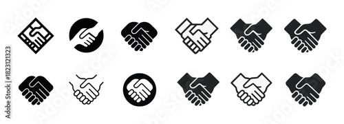 Collection of diverse handshake icons in various styles and shapes