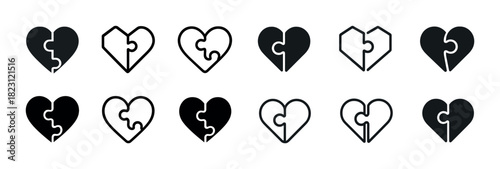 Heart puzzle logo symbols in black and white - set of 10 designs