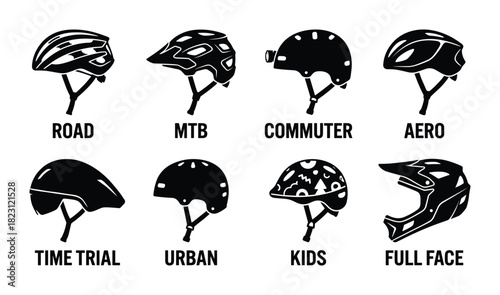 Eight types of bicycle helmets silhouette. Road, MTB, commuter, aero, time trial, urban, kids, full face.