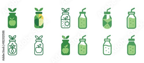 Green fruit juice bottle icons with leaf designs