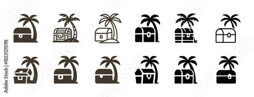 Set of treasure chests with palm trees in various styles