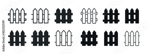 Set of various fence icons in black and white styles