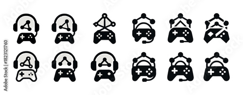Gaming icons set: headset, gamepad, connections - vector style