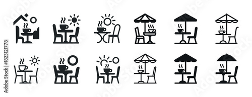 Outdoor café icons: coffee cups and tables under sun umbrellas in various styles