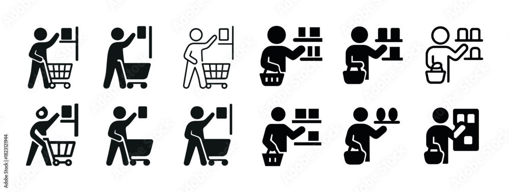 Fototapeta premium Shopping icon set: stick figures with carts and baskets in various poses