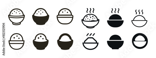 Various bowl and rice icon set displaying distinct styles and designs