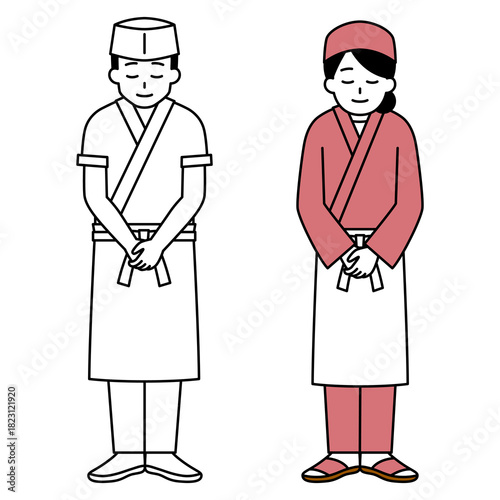 お辞儀をする和食店の男女の店員（全身）　セット