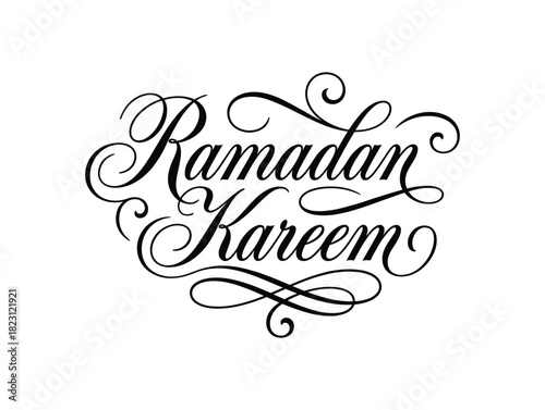 Elegant handwritten ramadan kareem greeting with intricate flourishes and decorative swirling elements.