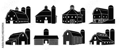 Farm barn silhouettes feature traditional agricultural buildings with distinctive silos.