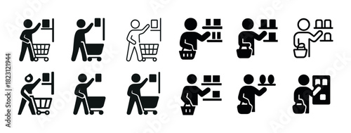Shopping icon set: stick figures with carts and baskets in various poses