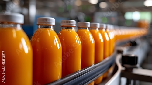 Fresh Orange Juice Bottles on Production Line in Modern Juice Factory