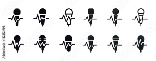 Microphone and sound wave icon set for audio and music design