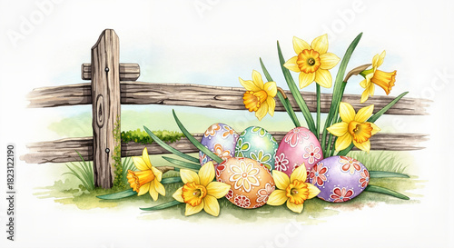 Colorful painted eggs among yellow daffodils, delicate and uplifting, watercolor scene beside a rustic wooden fence, soft flowing brushstrokes, light springtime hues