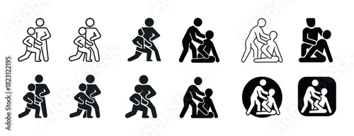 Diverse wrestling icons set: standing and ground positions in black and white