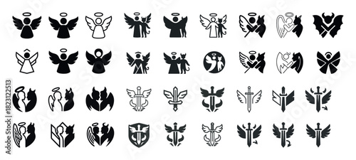 Angel icon set: silhouettes, wings, halos, swords, hearts, shields