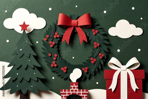 Dark Green Paper-Cut Christmas Forest Banner with Stars and Candy Pole