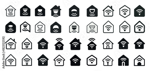Wi-fi home icons: diverse signal strength symbols in black and white