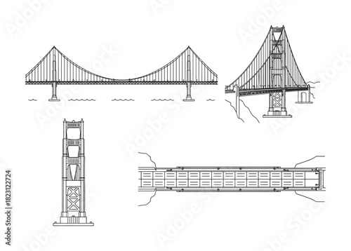 Golden gate bridge line art architectural blueprint with different views elevation cross-section