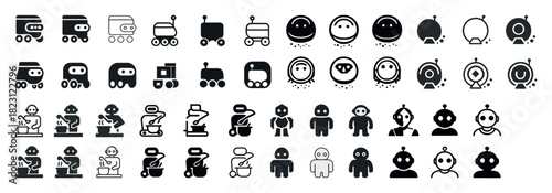 Diverse black and white robot icons collection
