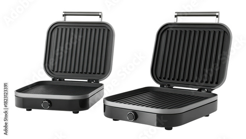 Two electric contact grills with open lid isolated on transparent background