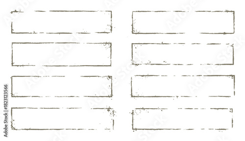 Horizontal rectangular stamp frames set. Grunge texture boxes. Isolated distressed borders collection.