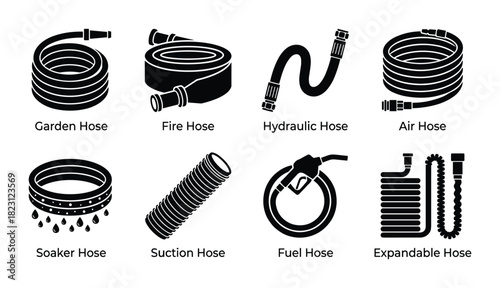 Hose types glyph icons set. Garden, fire, hydraulic, air, soaker, suction, fuel, expandable hoses