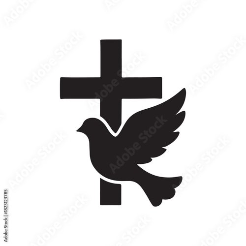Symbol of spiritual peace and hope, depicting a flying dove in front of a Christian cross, representing faith and divine grace and everlasting salvation