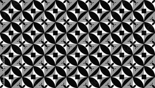 A bold monochrome motif composed of rotating leaf shapes and diamond intersections, forming a modern, symmetrical abstract pattern