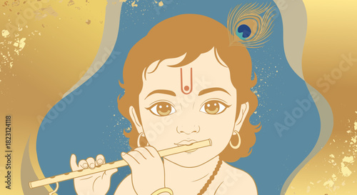 Baby Krishna vector illustration, playing a flute, wallpaper design