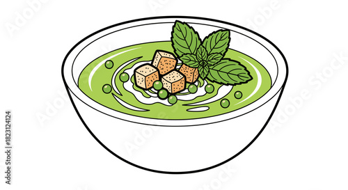 Green pea soup bowl with garnish, bright and vivid, outlined drawing with clear contours