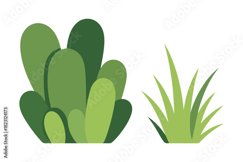 Two stylized green plant illustrations on white background grass bush