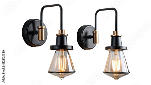 Two modern black metal wall sconce lamps with glass shade isolated on transparent background