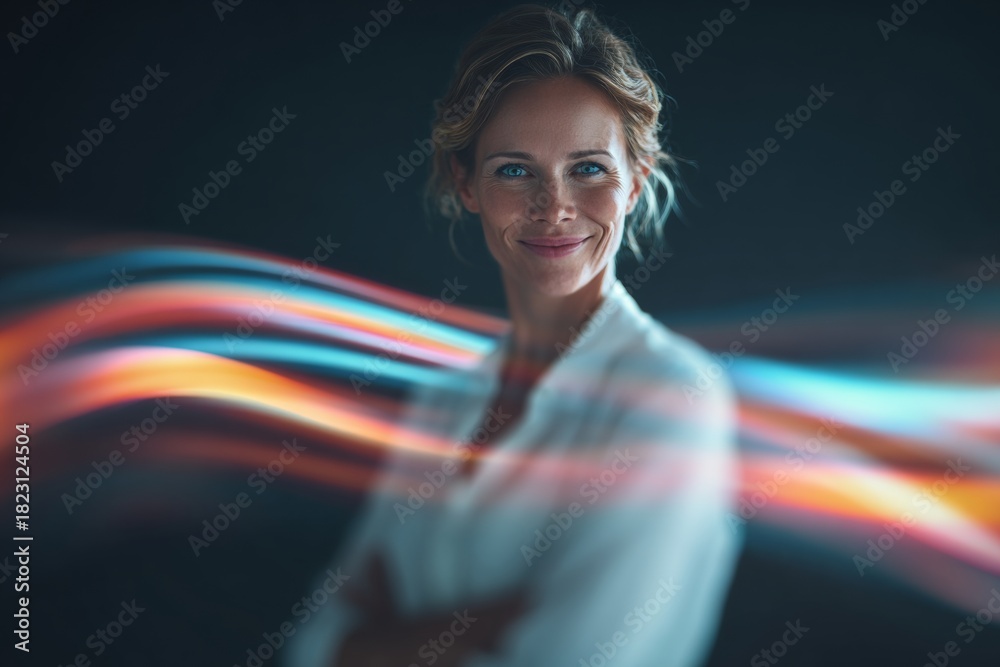 Obraz premium Pioneering change: women in leadership roles. Connected devices. Charismatic female executive in a light-filled office. Information flow. Wireless signal.
