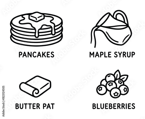 Line art icons illustrating breakfast items such as pancakes, maple syrup, a butter pat, and fresh blueberries.