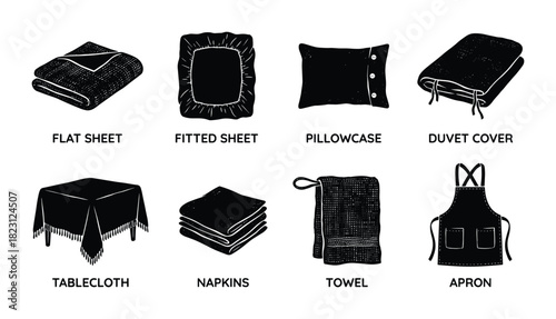 Laundry bedding home textiles icons set. Flat sheet, fitted sheet, pillowcase, duvet cover on white background.