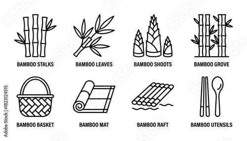 Line icons of bamboo plant and items: stalks, leaves, shoots, grove, basket, mat, raft, utensils