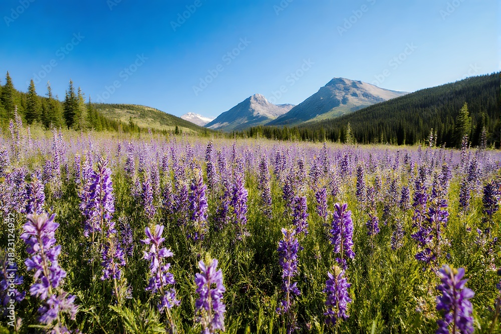 Fototapeta premium A vast field of purple wildflowers stretches toward distant snow-capped mountains under a clear blue sky.