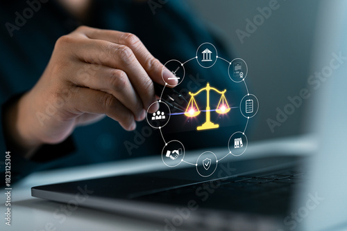 Online law system and justice management, business governance, legal service technology, policy, balance scale and regulatory compliance technology concept.