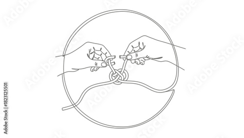 Illustration of hands tying a knot within a circular frame.