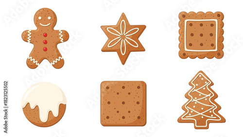 Assortment of decorated Christmas cookies including a gingerbread man and a Christmas tree.