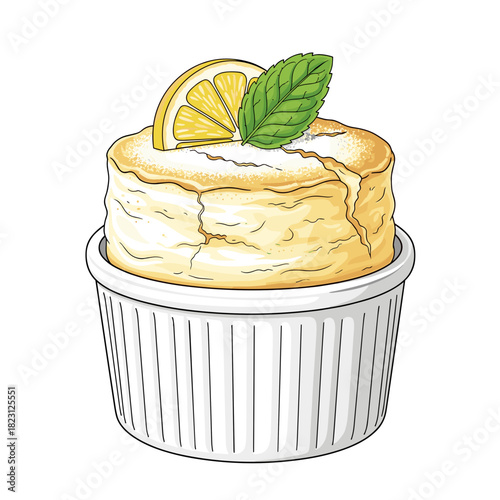 Lemon soufflé, elegant and delicate, vector illustration of dessert on white background