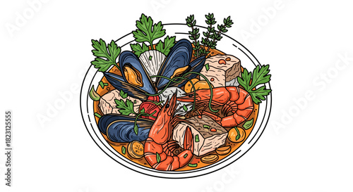 Bouillabaisse bowl with seafood and herbs, vivid and detailed, outlined drawing with crisp lines